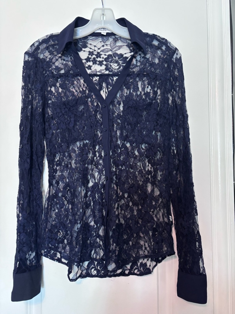 Express Boyfriend Portofino Navy Lace Button-Front Shirt Size XS